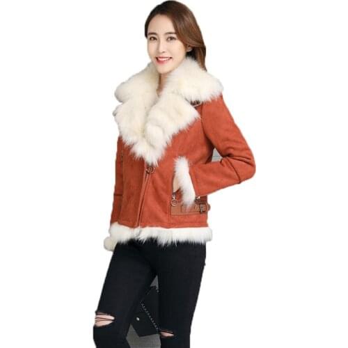 Denny&Dora Womens Faux Fur Coat Sheepskin Shearling Jacket Winter Coat with Real Fox Fur Collar Jacket Girl Warm Coat