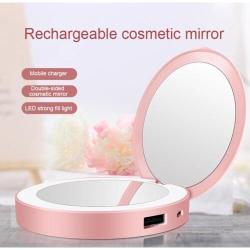 Portable Mini LED Light Tri-fold Illuminating Folding Power Bank Makeup Mirror long press the button to dimming brighten lights