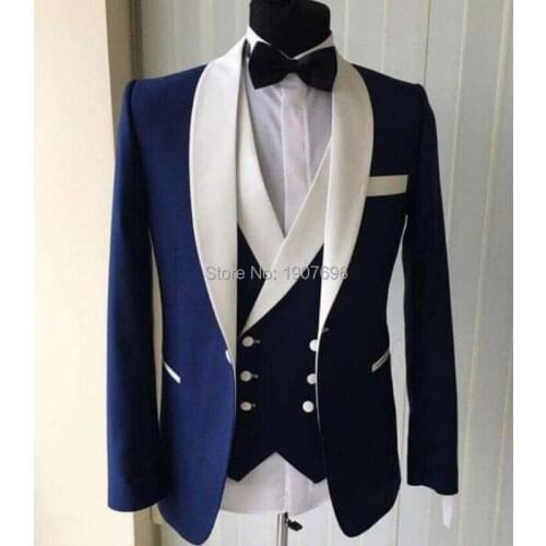 Blue Slim Fit Men Suits for Wedding Prom Groom Tuxedos Double Breasted Waistcoat Shawl Lapel 3 Piece Jacket Pants Vest