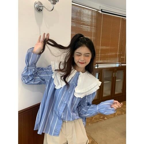2021 autumn new temperament doll collar loose striped long-sleeved shirt with wooden ears blouse female