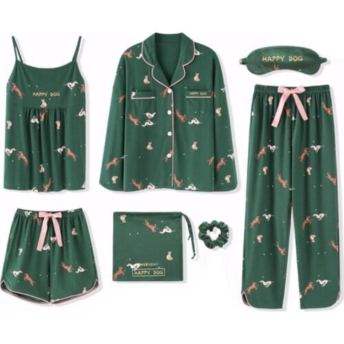 2020 100% Cotton Womens Pajamas Sets 7 Pieces Set Casual Sleepwear spring Autumn Winter Long Sleeve Cute Home Clothes women