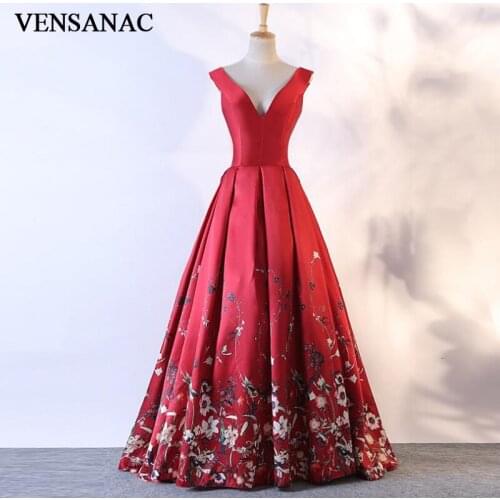 VENSANAC Floral Print V Neck A Line Long Evening Dresses Elegant Party Flowers Draped Open Back Prom Gowns