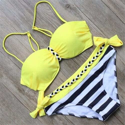 2020 Mujer Sexy Bandage Bikini Striped Patchwork Swimsuit Women Brazilian Swimwear Female Halter Top Bathing Suit Swimming Wear