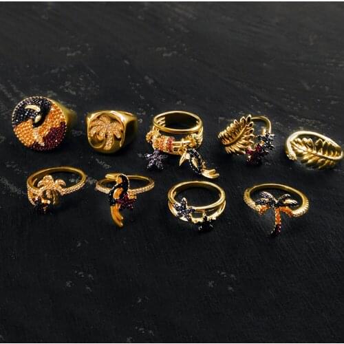 Bewill 925 Sterling Silver Monaco Rings For Women Zircon Tropical Flowers Palm Tree Toucan Golden Ring Luxury Brand Jewelry