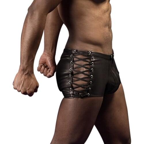 Men Lingerie Patent Leather Boxer Shorts Underwear Underpants with O-Ring Side Lace Up Zipper Sexy Gay Male Boxers Underpants