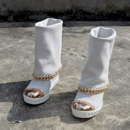 Botines mujer genuine leather platform shoes gold metal decoration boots height increasing chain wedges snow boots woman botas