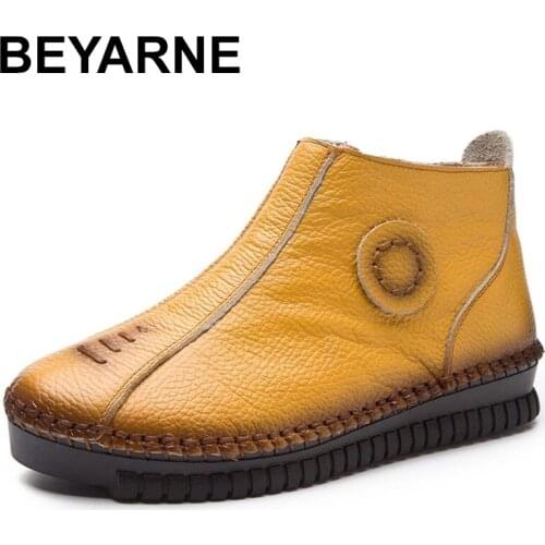 BEYARNE New Autumn Winter Genuine Leather Womens Shoes 3 Colors Zip Women Ankle Boots Handmade Flat Boots Woman Plus Size 35-43