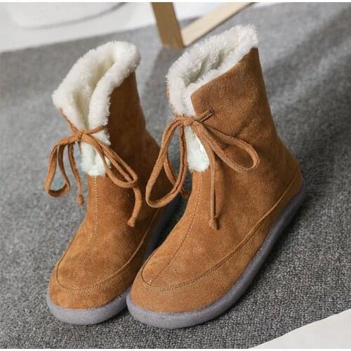 Snow Boots Women Plush Warm Shoes Non Slip Ladies Flats Casual Lace Up Mid Calf Boots Fashion Footwear Female Plus Size Winter