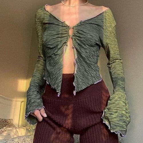 90s Aesthetics Ruffles Button Green T-shirts Y2K Fairy Grunge V-neck Flare Sleeve Ruched Slit Crop Tops Sexy Tee Vintage Womens
