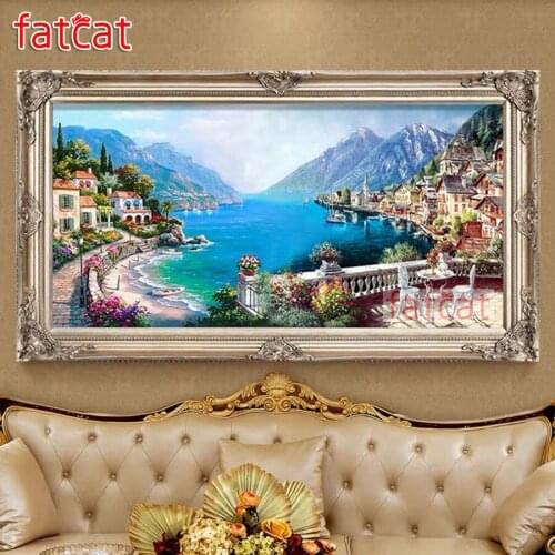 FATCAT Seaside town garden scenery Large Diy Diamond Painting Full square round drill 5d Diamond Embroidery Kit Mosaic AE2667
