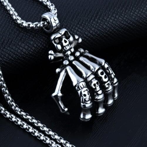 HNSP Punk Big Skull Hand Pendant necklace for men male Goth style Stainless steel chain