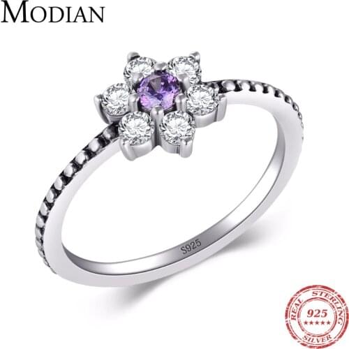 Modian 100% Real 925 Sterling silver Purple Crystal flowers Ring Classic Beautiful Finger Rings Engagement Fashion Jewelry