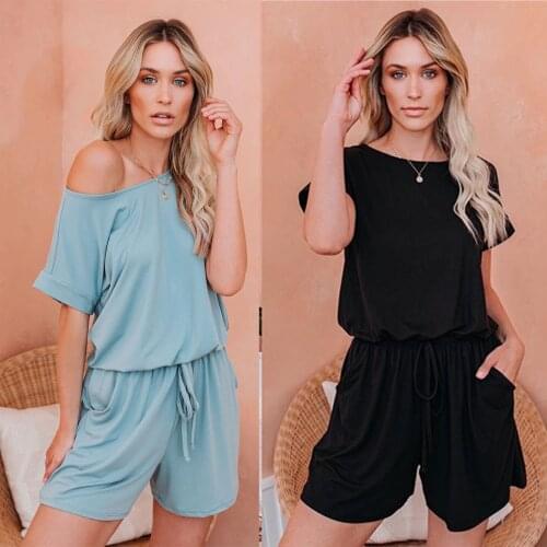 Women Summer Rompers Solid Black Short Sleeve Slim Playsuit Wide Leg Casual O Neck Short Homewear Jumpsuit 3xl Ladies Clothes