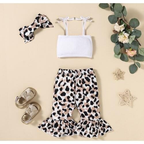 Pudcoco Baby Girls Clothes Set, Solid Color Cropped Tops + Leopard Print Flared Trousers + Bow-knot Headband 3Pcs 3M-24M