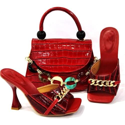 Beautiful Big Red Women Shoes Match Handbag Set African Dress Pumps With Metal Decorate For Party CR131,Heel 10.2CM