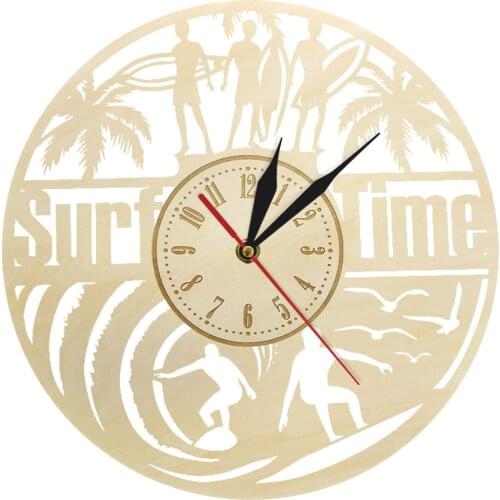 Summer Palm Surf Time Surfing Wood Wall Clock Silent Non-ticking Modern Wall Clock Ocean Beach Cottage Rustic Decor Surfers Gift