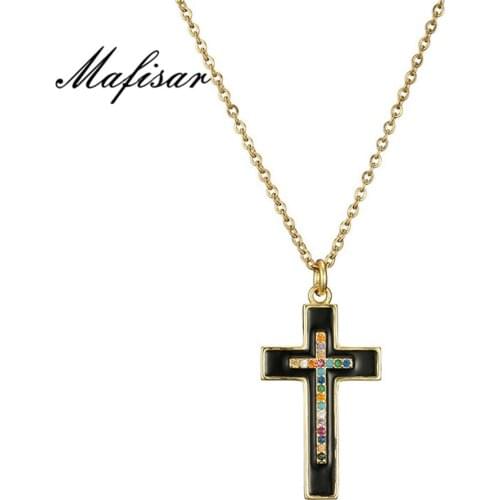 Mafisar 2021 New Fashion CZ Cross Pendant Necklace For Women Men Gold Chain Black/White Painting Cross Jewelry Gift