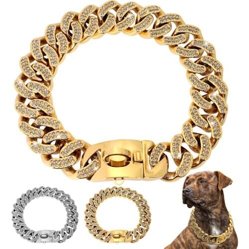 Metal Rhinestone Dog Collar Stainless Steel Chain Martingale Dog Collar Crstal Bully Dogs Collar for Medium Large Dog Doberman