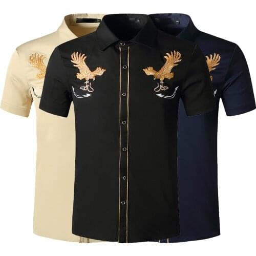 Mens Western Eagle Featured Denim Shirt Embroidered Denim Short Sleeve Sleeve Casual Button Shirt