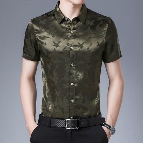 Summer 2021 Mens Birds Silk Dress Shirt Casual Short Sleeve Floral Streetwear Male Soft Silk Shirts Clothes