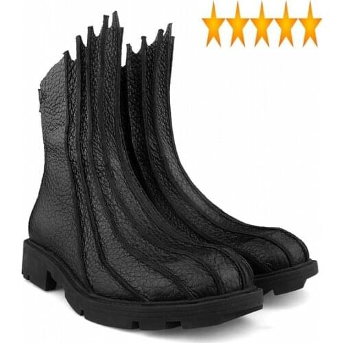 Harajuku Quality Genuine Personality Leather Pathwork High Top Winter Warm Round Toe Back Zip Male Mid Calf Boots