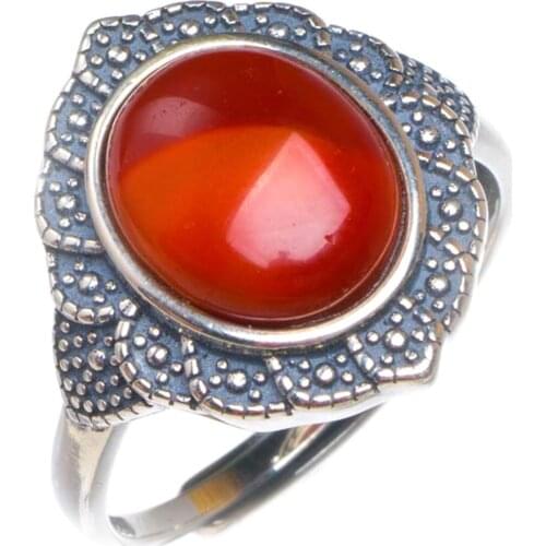 Natural Nanjiang Red Agate Opening Lacework Handmade 925 Sterling Silver Ring 7.75 D1008