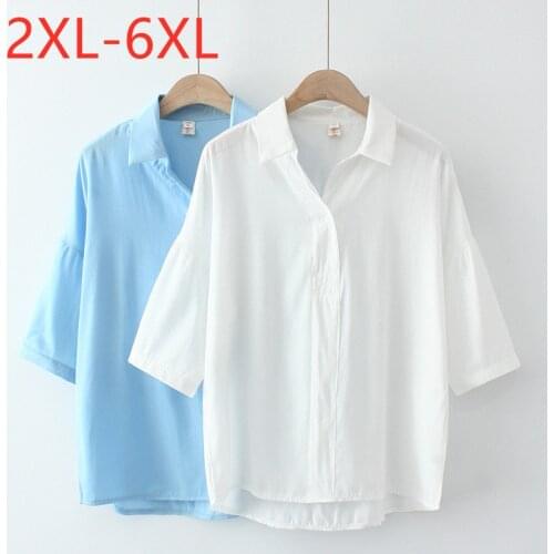 New 2021 Ladies Summer Plus Size Tops For Women Large Blouse Short Sleeve Loose Casual Cotton Blue White Shirt 3XL 4XL 5XL 6XL