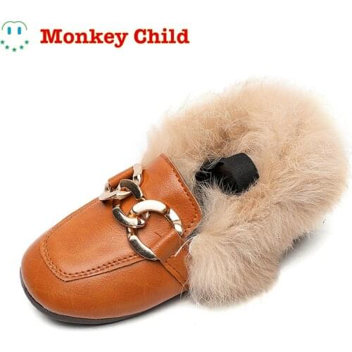 Autumn Winter Girls Shoes Warm Cotton Plush Fluffy Fur Kids Loafers With Metal Chain Boys Flats Children Loafers 21-36