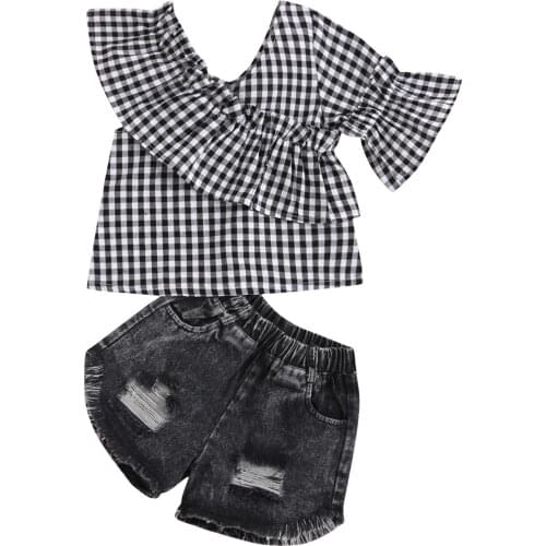 2-7Y Fashion Kid Baby Girls Outfit Sets Plaid Ruffle One Shoulder Shirt Tops + Denim Shorts Children Clothing Summer Sets