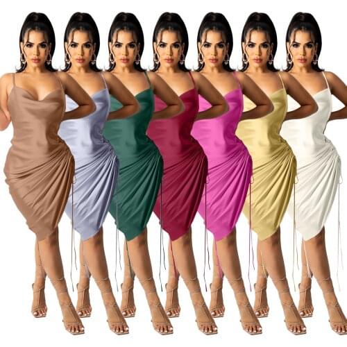Sexy Dress Party Vestido Champagne Smooth Fabric Women SleevelessV Neck Two Side Drawstring Spaghetti Strap Summer Outfits