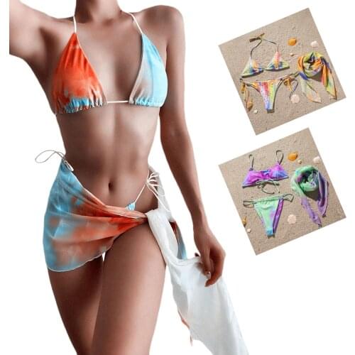Rarjuiey Womens 3 Piece Sets Tie Dye Print Sling Crop Top Knot Skirt and Thong Underpants Bikini Set Swimsuit Beach Wear
