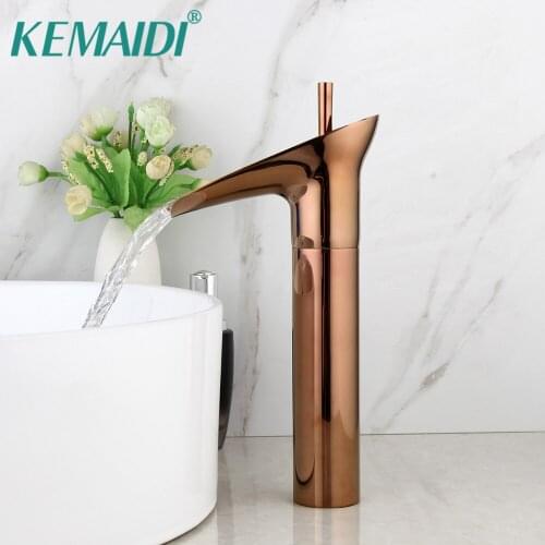 KEMAIDI Luxury Bathroom Basin Sink Faucet Rose Golden Pink Hot Cold Wash Basin Mixer Faucets Deck Mounted Waterfall Mixer Tap