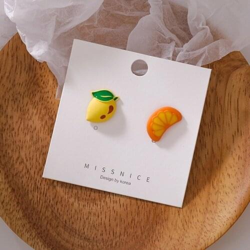 Korean Cute Lemon Orange Asymmetric Stud Earring for Women Trendy Fruit Multicolor Summer Metal Earring Jewelry Pendientes