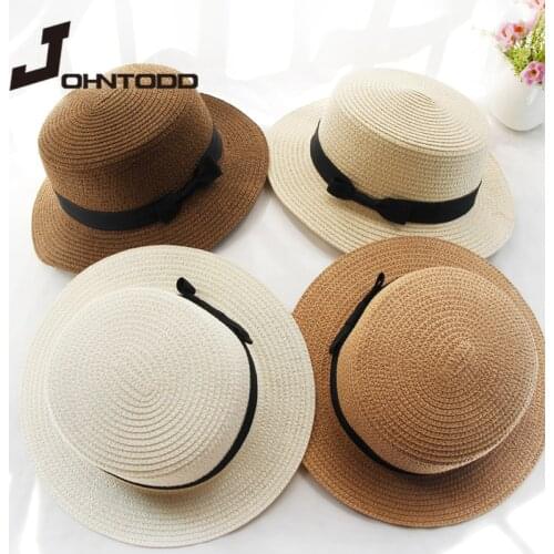 Simple summer parent-child beach hat ladies casual panama hat ladies brand ladies flat brim bowknot straw hat girl sun hat cap