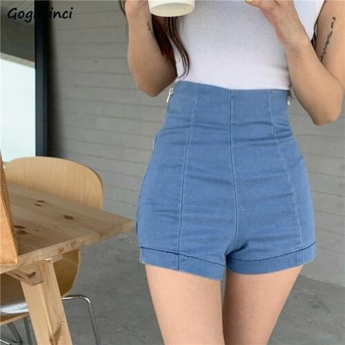 Shorts Women Blue Denim Zipper Skinny Korean Style Sexy Fitness Slim Casual Chic Abdomen All-match Vintage Students Fashion New