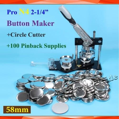 Free Shipping Pro N4 2-1/4":58mm Badge Button Maker Machine +Adjustable Circle Cutter+100Sets Metal Pinback Supplies