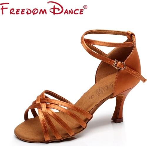 Women High-end Dance Shoes Latin Shoes Preferred BD 211 Salsa Chacha Ballroom Shoes Soft Sole Sandals Dark Tan Optional Heel