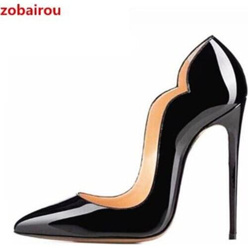 Zobairou black sexy pumps ladies bride shoes closed toe patent leather women shoes high heel slip on sandalias mujer sandalet