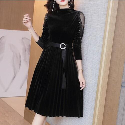 Vintage velvet dress women autumn winter beaded pleated velvet lace party dress ladies tunic club midi long dress female robe