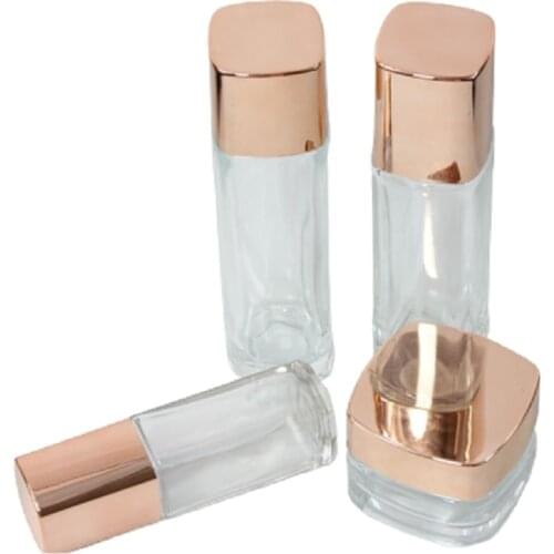 120ml 100ml 40ml Empty Clear Square Glass Lotion Pump Toner Bottle Glod /Silver Lid Cosmetic Packaging 50G Cream Jar 6 pieces