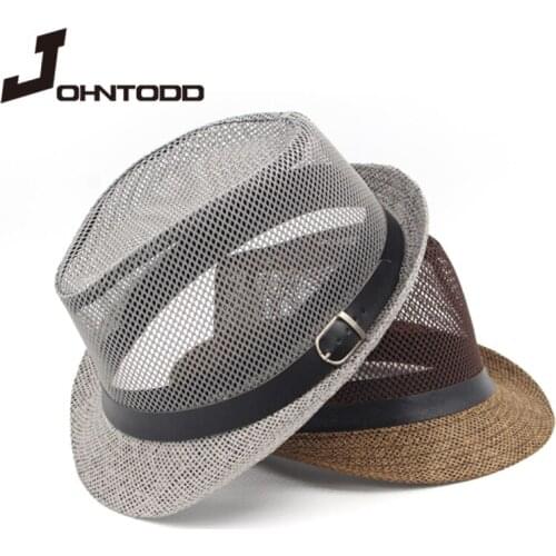 2021 Fashion Summer Unisex Jazz Paper Straw Hat Short Brim Mesh Fedora Hat with Belt Buckle Party Beach Cap Men Women Sun Hat