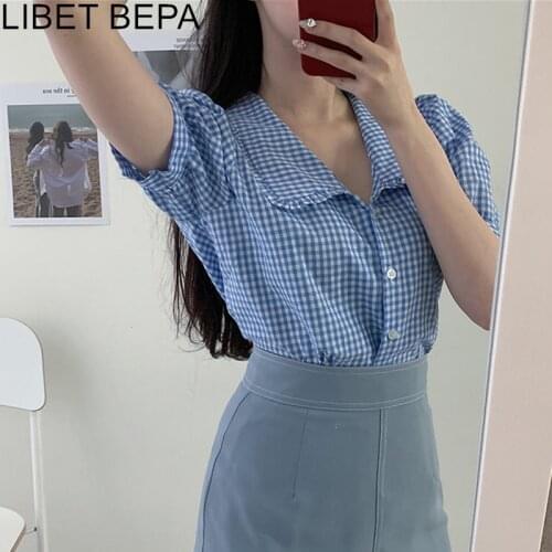 New 2021 Summer Womens Blouses Peter Pan Collar Puff Sleeve Plaid Vintage Casual Fashionable Shirts Wild Lady Short Tops BL5352