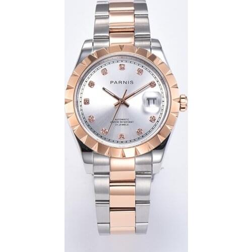 Parnis 39.5mm White Dial Automatic Mechanical Men Watch Calendar Miyota 8215 Movement Mens Watches Diamond Scale Man Clock 2020