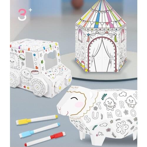 Kids DIY Hand-Painted Graffiti Assembly House 3D Origami Paper Assembled House Toys Baby Educational Interactive Game Toys Gift