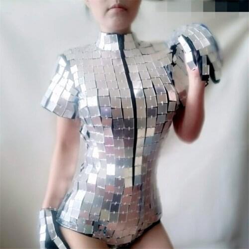 EC13 Catwalk bar club performance wears ballroom dance costumes robot suit stage show dress bikini dj disco silver mirror clothe