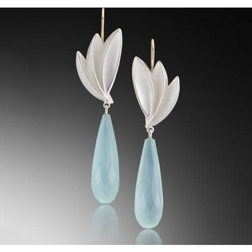 Elegant Sky Blue Crystal Stone Earrings Long Teardrop Jewelry Charms Gold Silver Color Lotus Leaf Flower Dangle Earrings