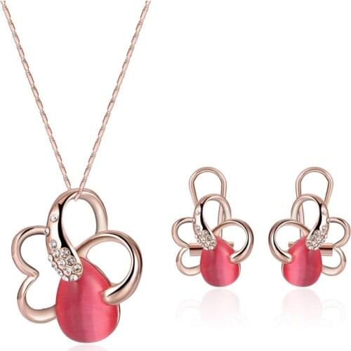 HC Fashion Opal Cat Eye Stone Earrings Pendant Necklace Women Girl Jewelry Set Vintage Crystal Flower Drop Jewelry Kid Gifts F