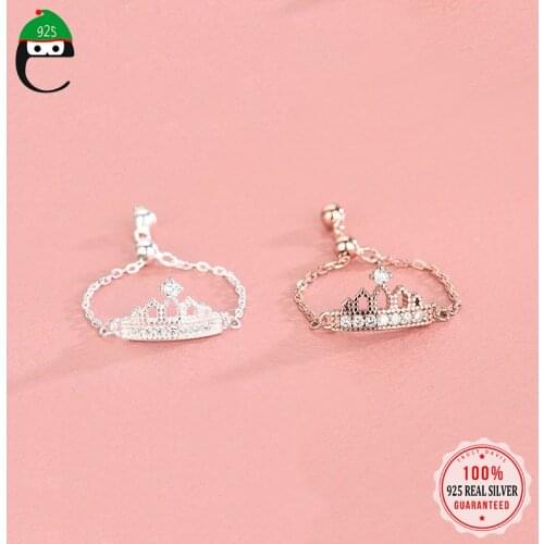 ElfoPlataSi Authentic 925 Sterling Silver Sweet Crown CZ Beads Chain Finger Ring For Women Wedding Party Fine Jewelry DA2014