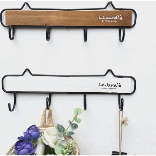 Creative garden retro wooden wrought iron 4 hook wall hanging decoration clothes hat key hook furniture bedroom wall shelf stora