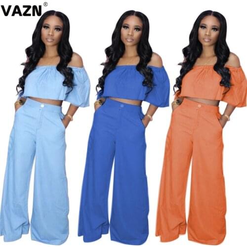 VAZN Young Sweet 2020 Summer Sexy Lady 2-Piece Set Short Sleeve Slash Neck Short Tops Long straight Pants Set Solid Cool New Set